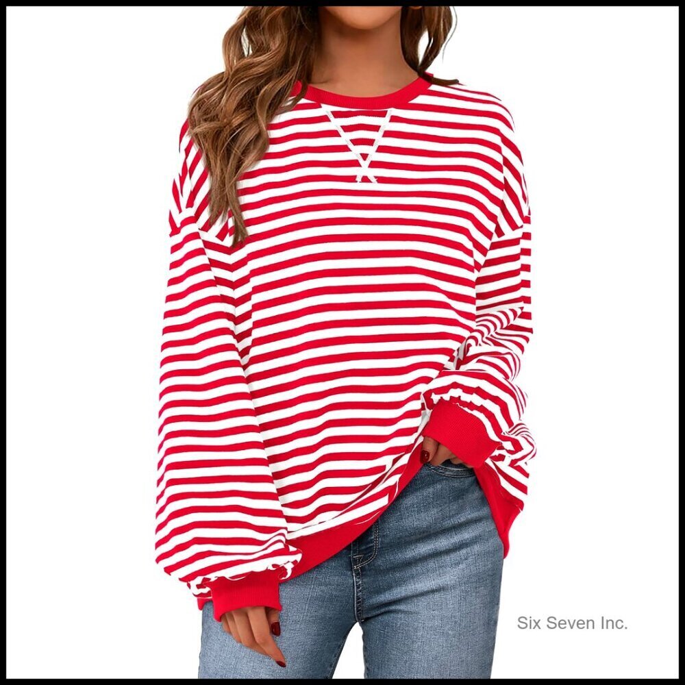 Oversized Striped Sweatshirt Crew Neck Long Sleeve Y2K Casual Loose Pullover Top